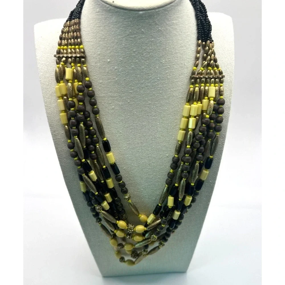 Vintage Boho Multi-Strand Necklace Yellow Black Natural Wood Seed‎ Beads Earthy